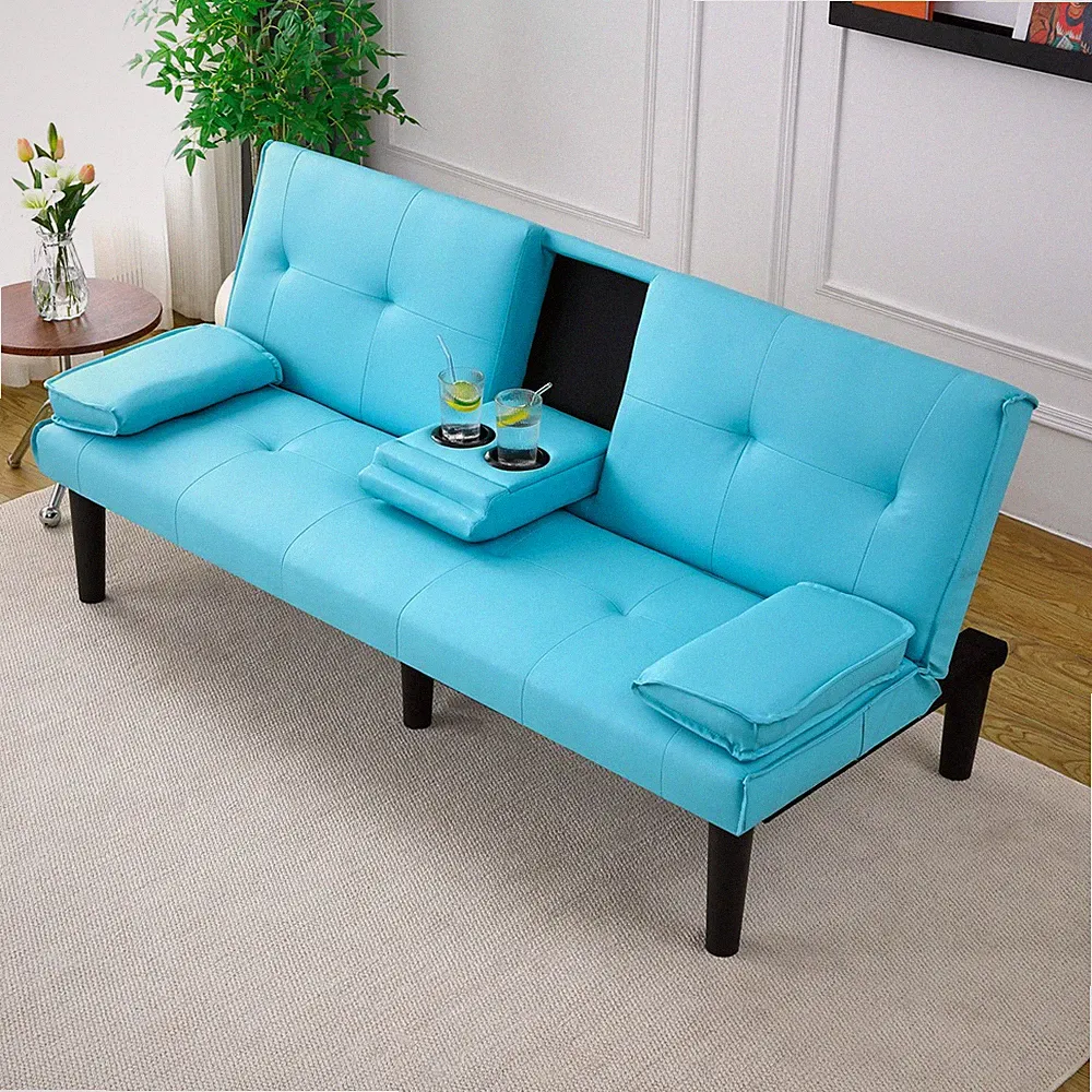 67" Blue PVC multi-functional sofa bed foldable +cup holder +side storage