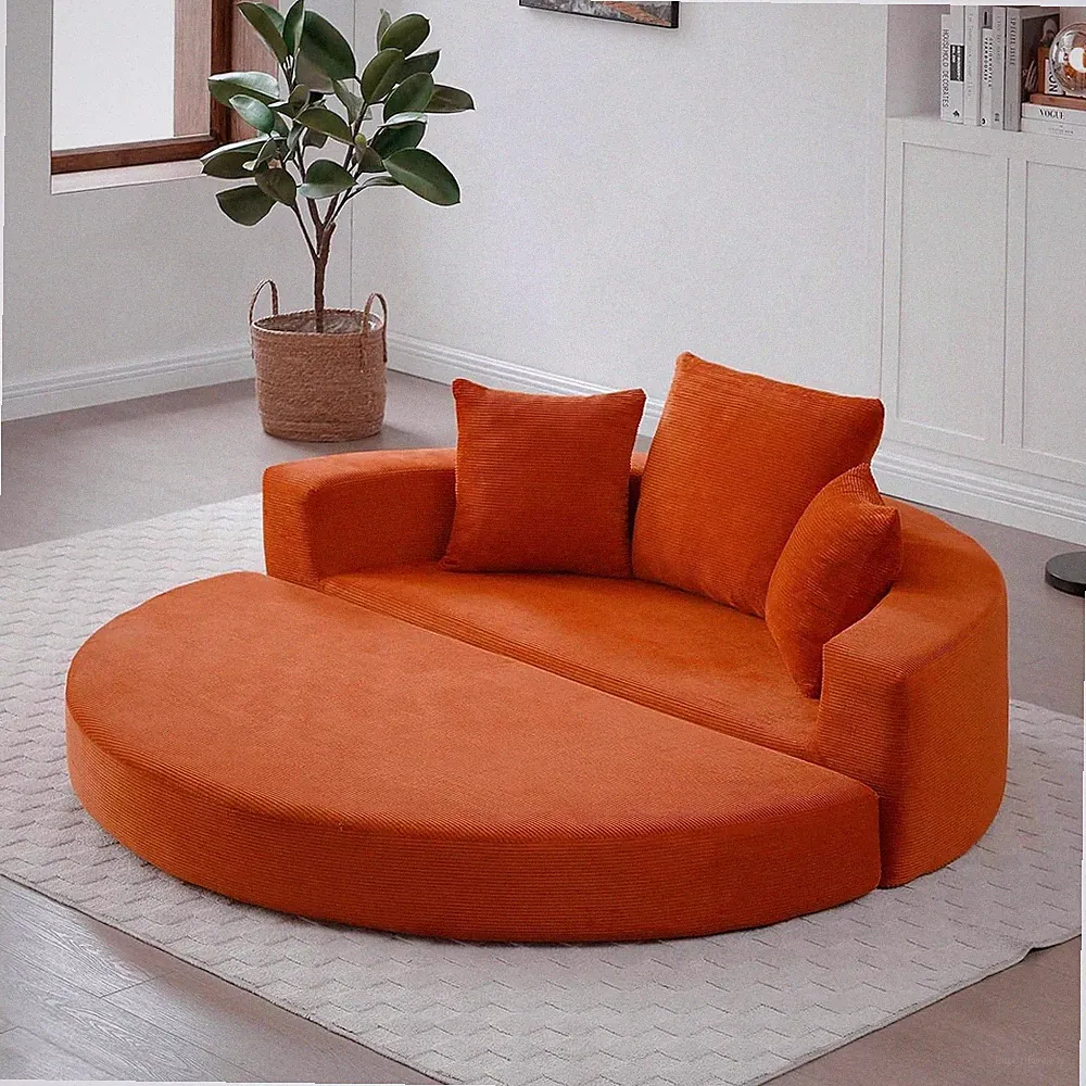 67" Convertible Futon Sofa Bed Round Folding Comfy Corduroy Couch with 3 Pillows