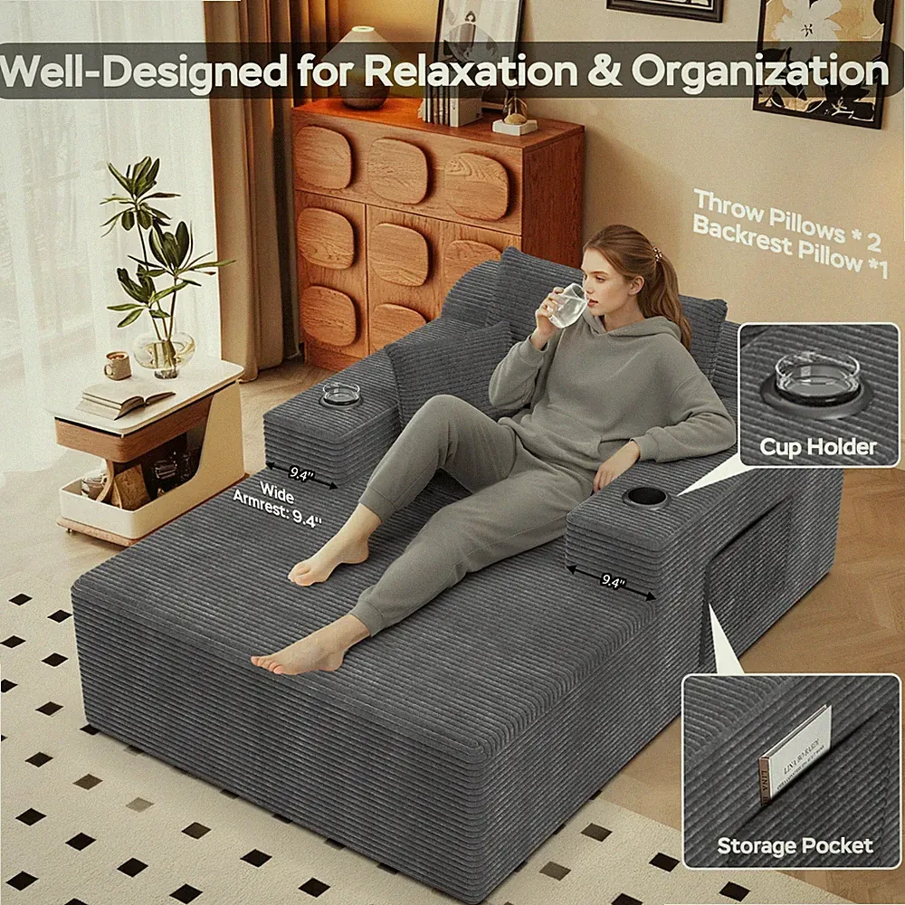 67" Corduroy Chaise Lounge Chair Boneless 3 Pillows Oversized Ergonom Sofa Bed