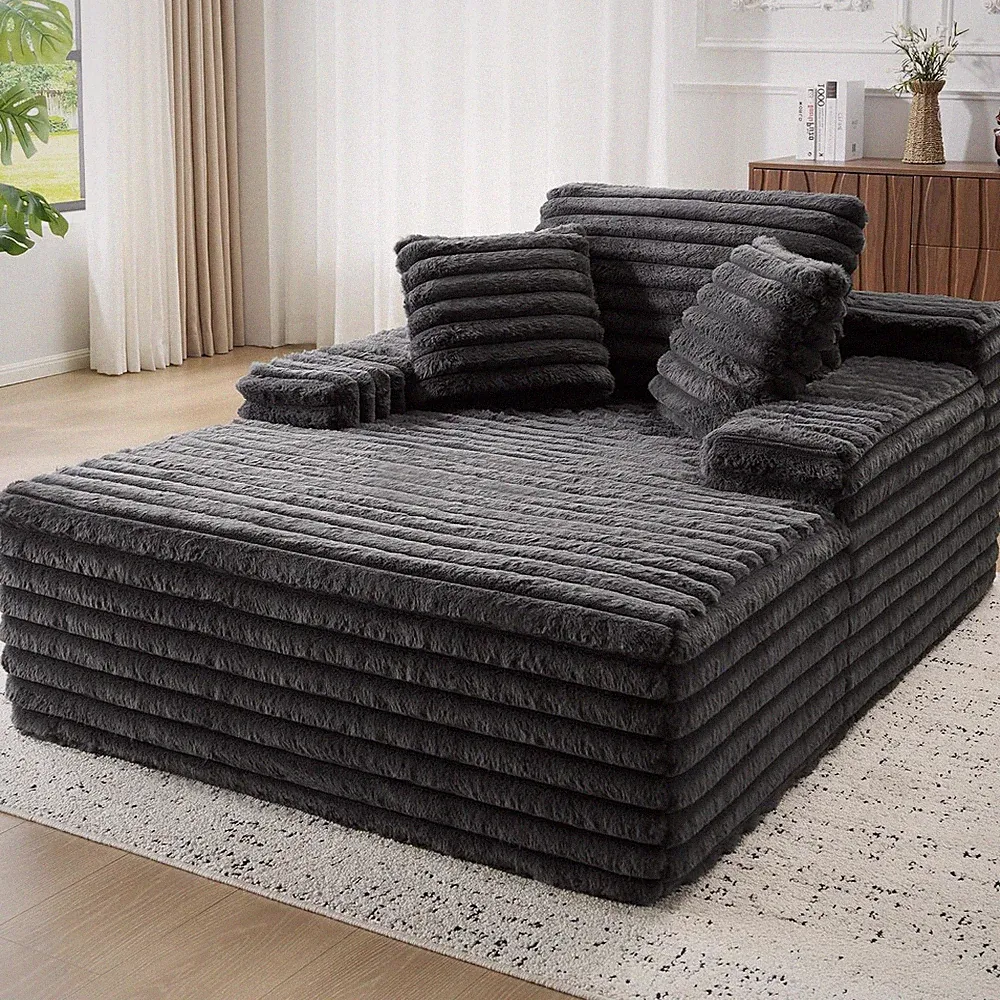 67" Gray Faux Fur Chaise Lounge Sofa with Pillows - No Assembly Required