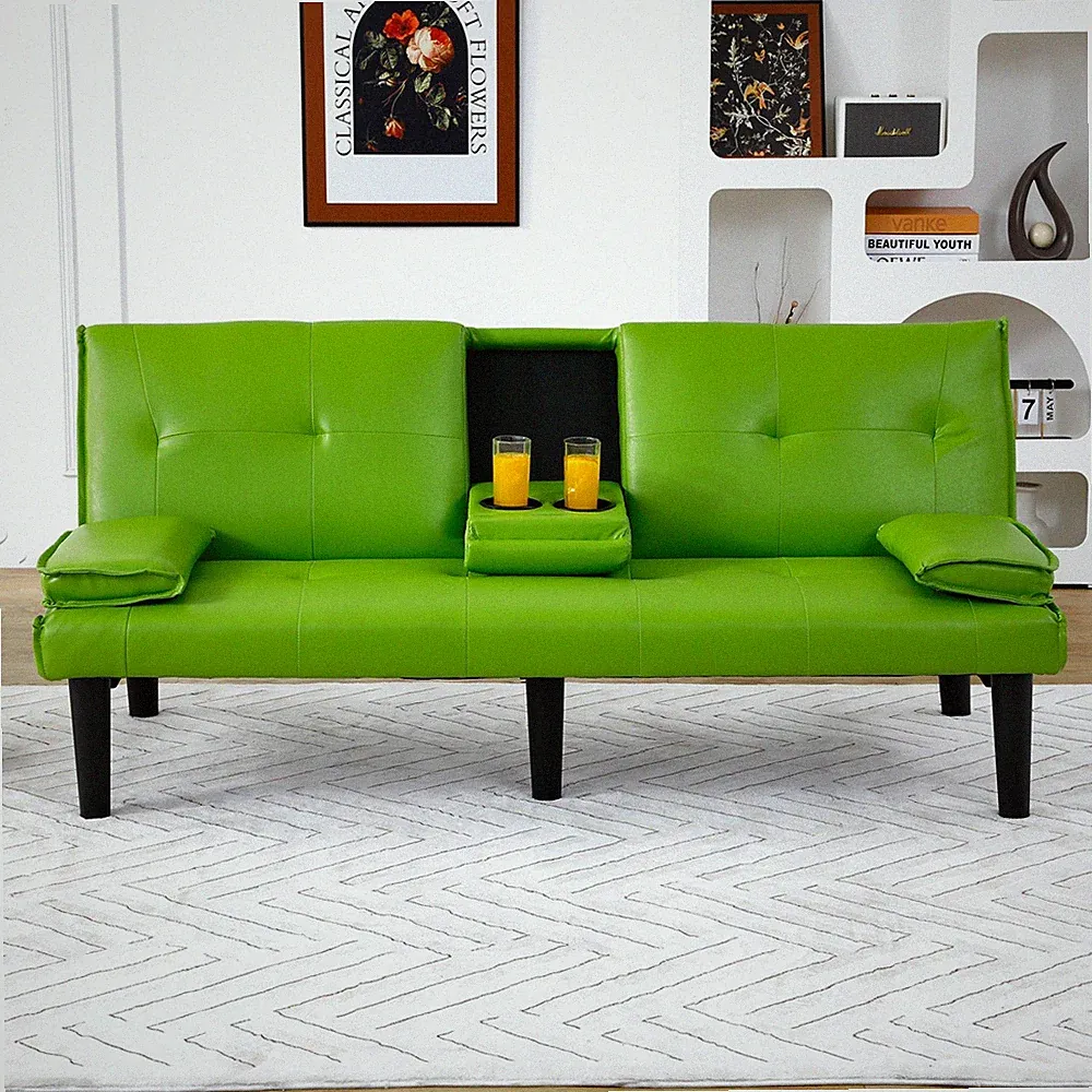 67" green PVC multi-functional sofa bed with a foldable and cup holder design