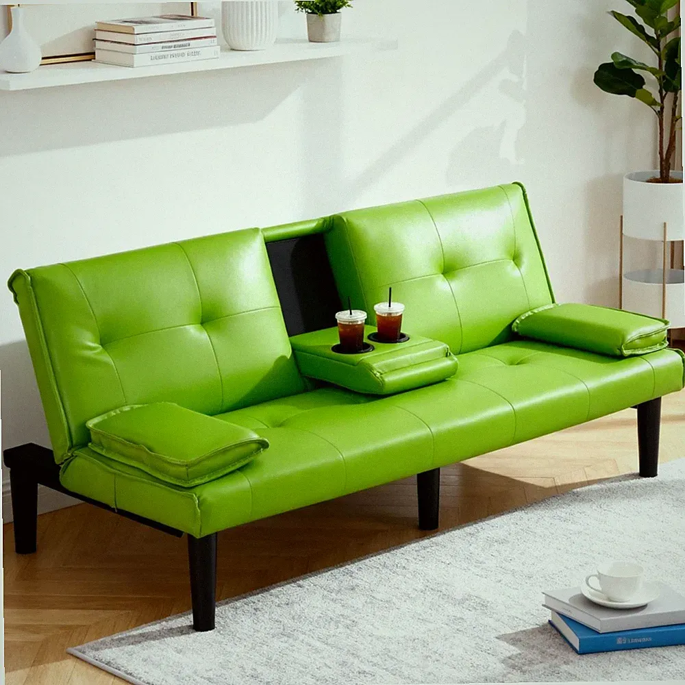 67" Modern Industrial Futon Sofa Bed Green Folding Cup Holder Couch Sleeper Dorm