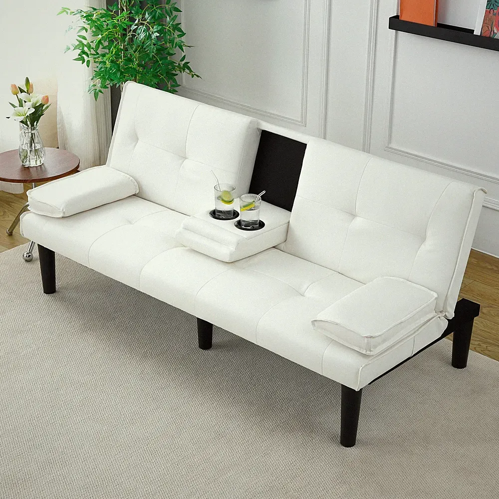 67" Modern Minimalist Faux Leather Futon Sofa Bed White Recliner Folding Storage
