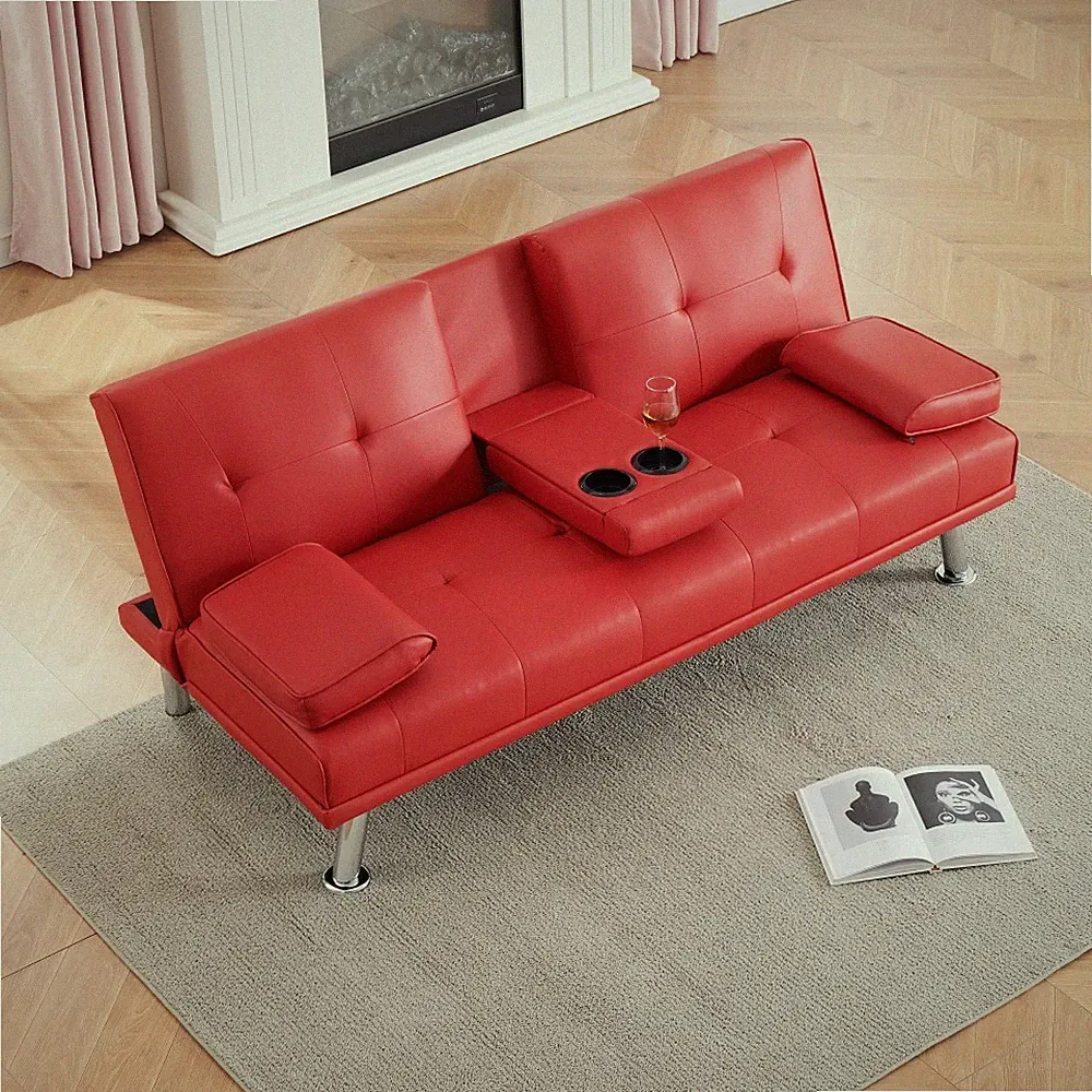 67" Orange Leather Office Sofa Bed Double Fold with Coffee Table Multifunctional