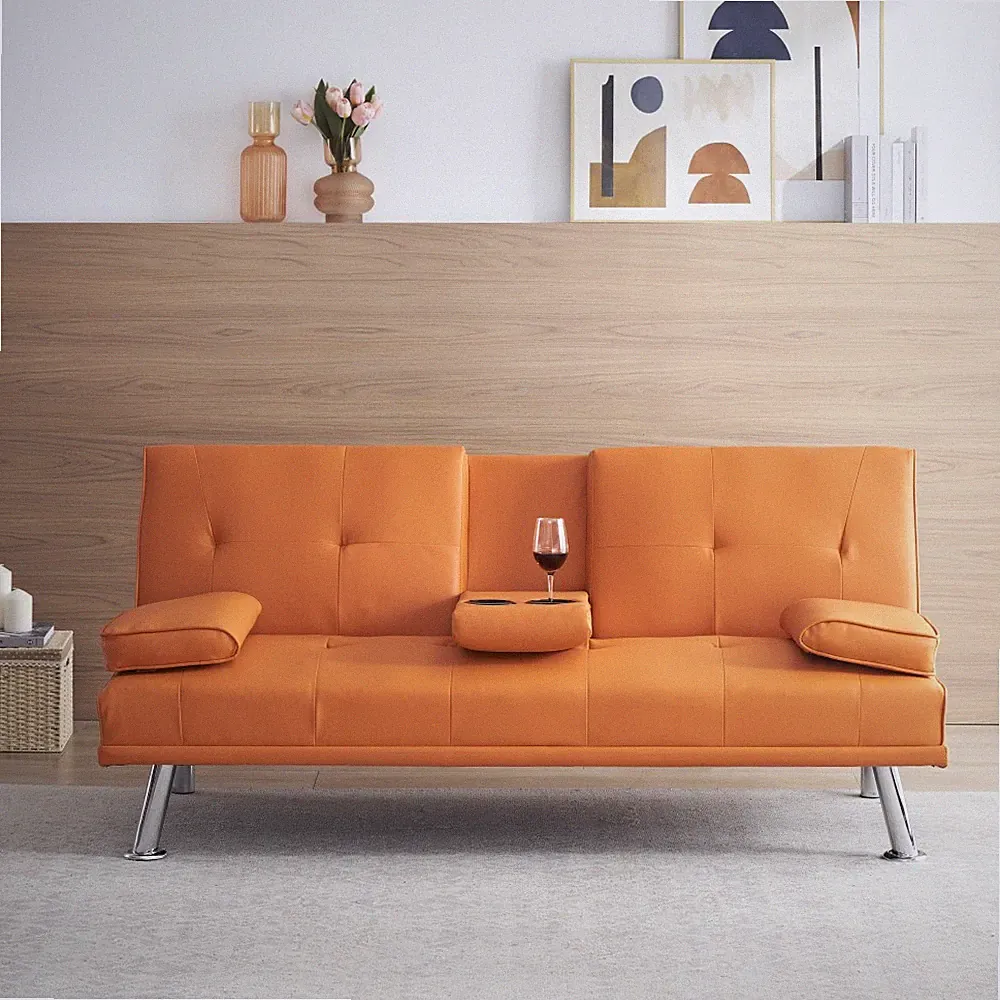 67" Orange Leather Office Sofa Bed Double Fold with Coffee Table Multifunctional