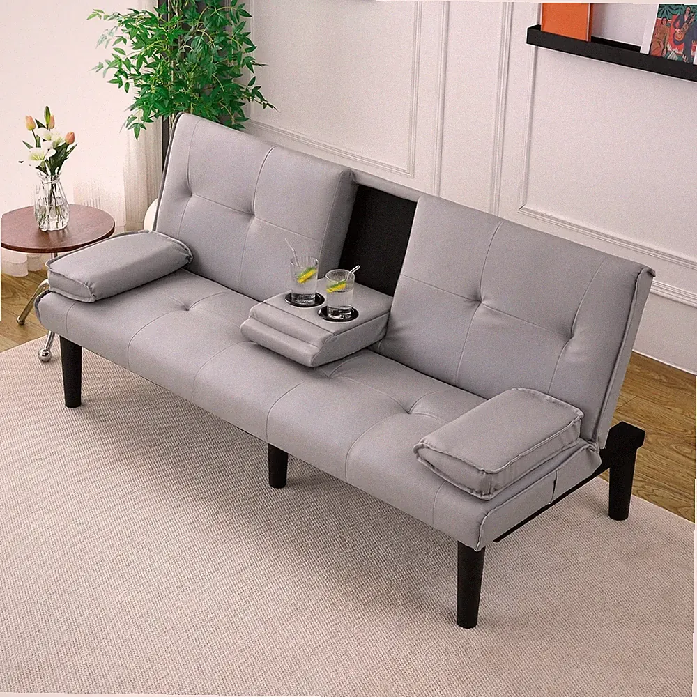 67” PVC Convertible Sofa Bed with Foldable Cup Holders, Suitable for Living Room