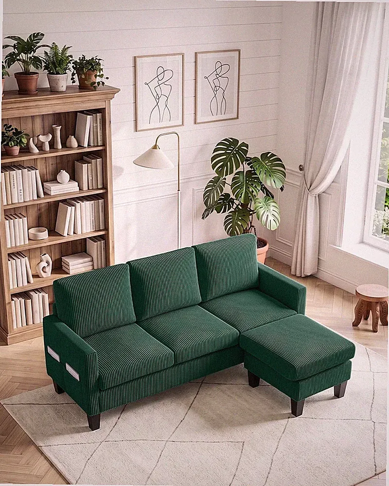 67" Small Sectional Couch L Shaped Sofa Green Movable Storage Ottoman Corduroy