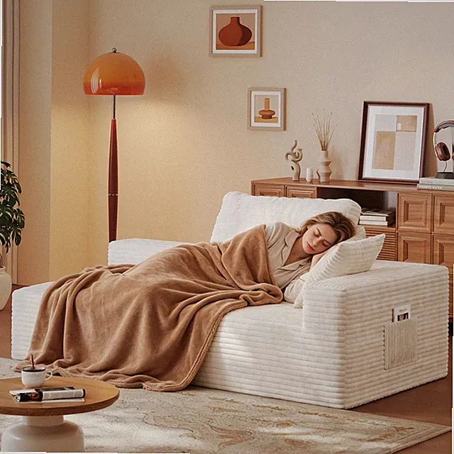 67" Sofa Bed 1-Piece Rectangular Chaise Lounge W/Pillows Flannel White Right Arm