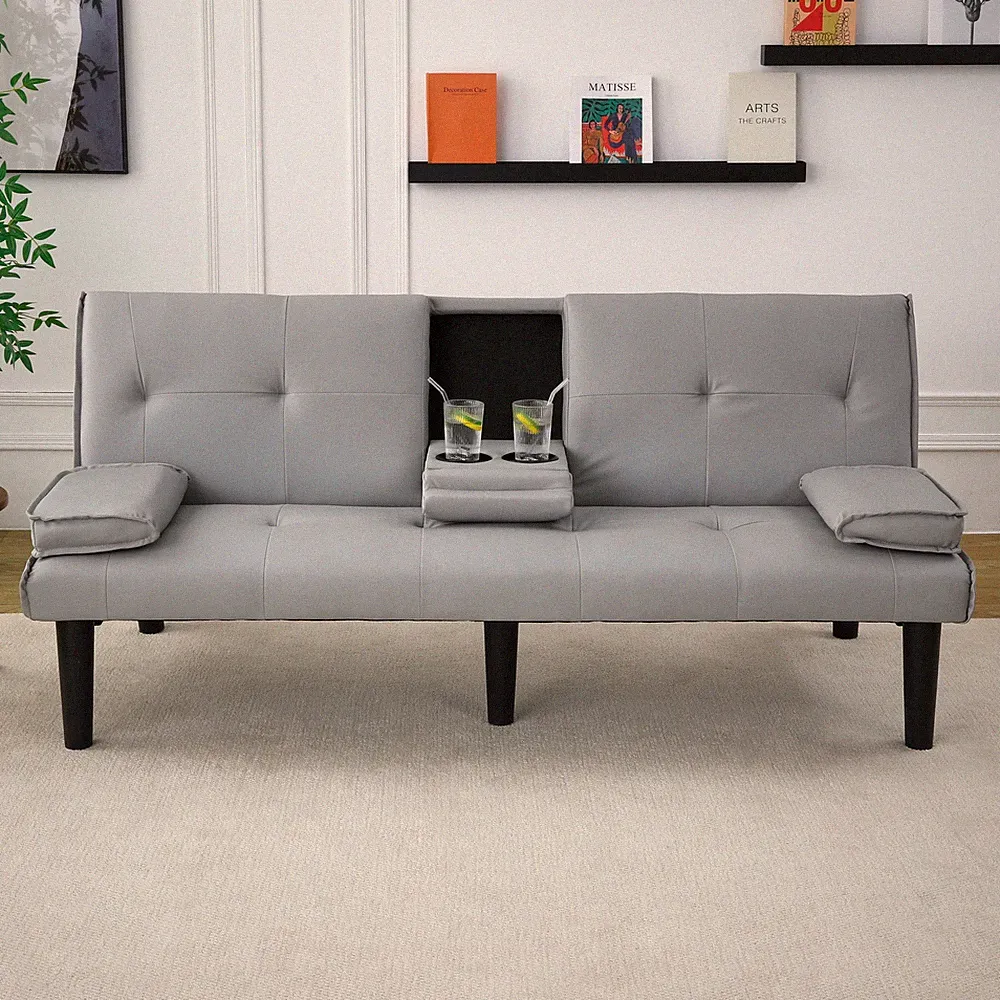 67" Sofa Bed Modern PVC 2-Seater Folding Couch Bed Convertible with 2 Cup Holder