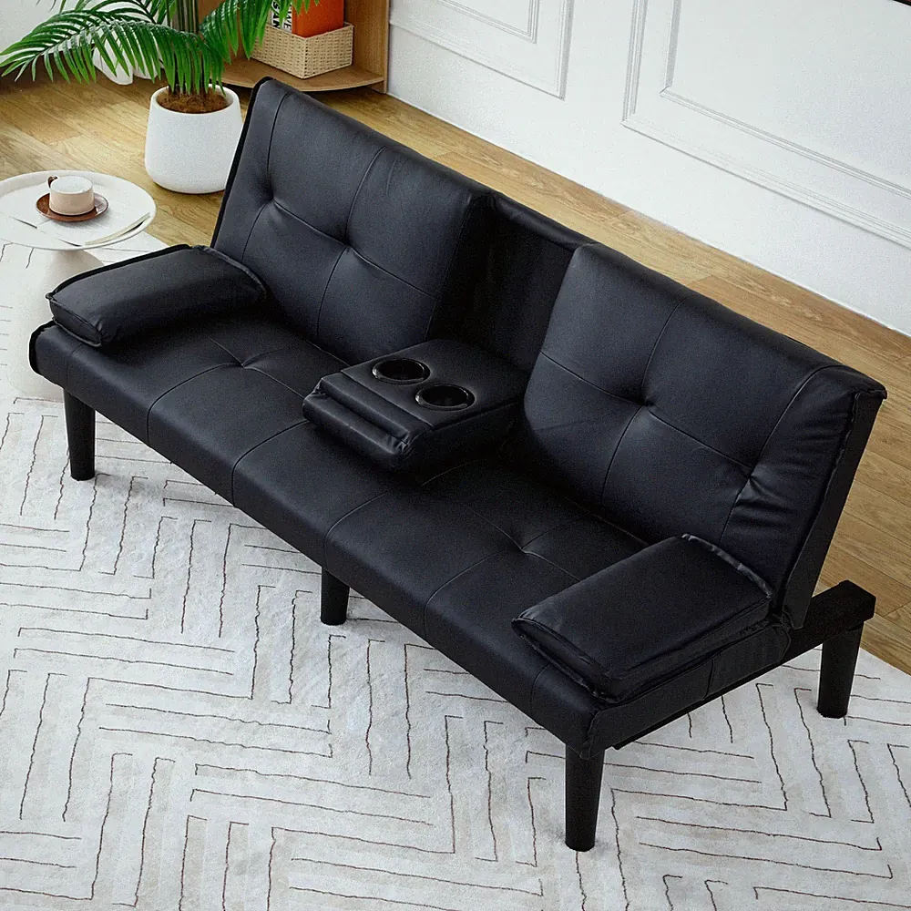 67" Sofa Bed Modern PVC Folding Soft Couch Bed Convertible 2 Cup Holder Black