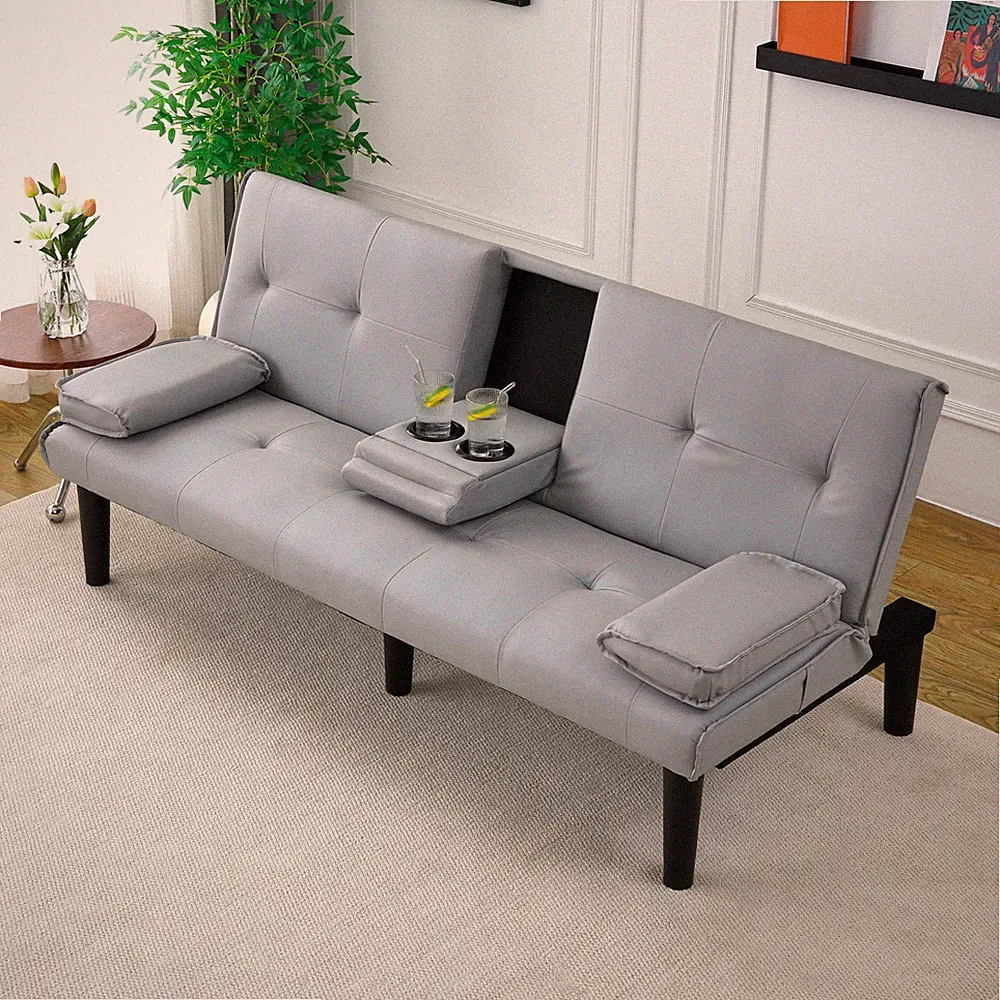 67" Sofa Bed Modern PVC Folding Soft Couch Bed Convertible 2 Cup Holder Gray New