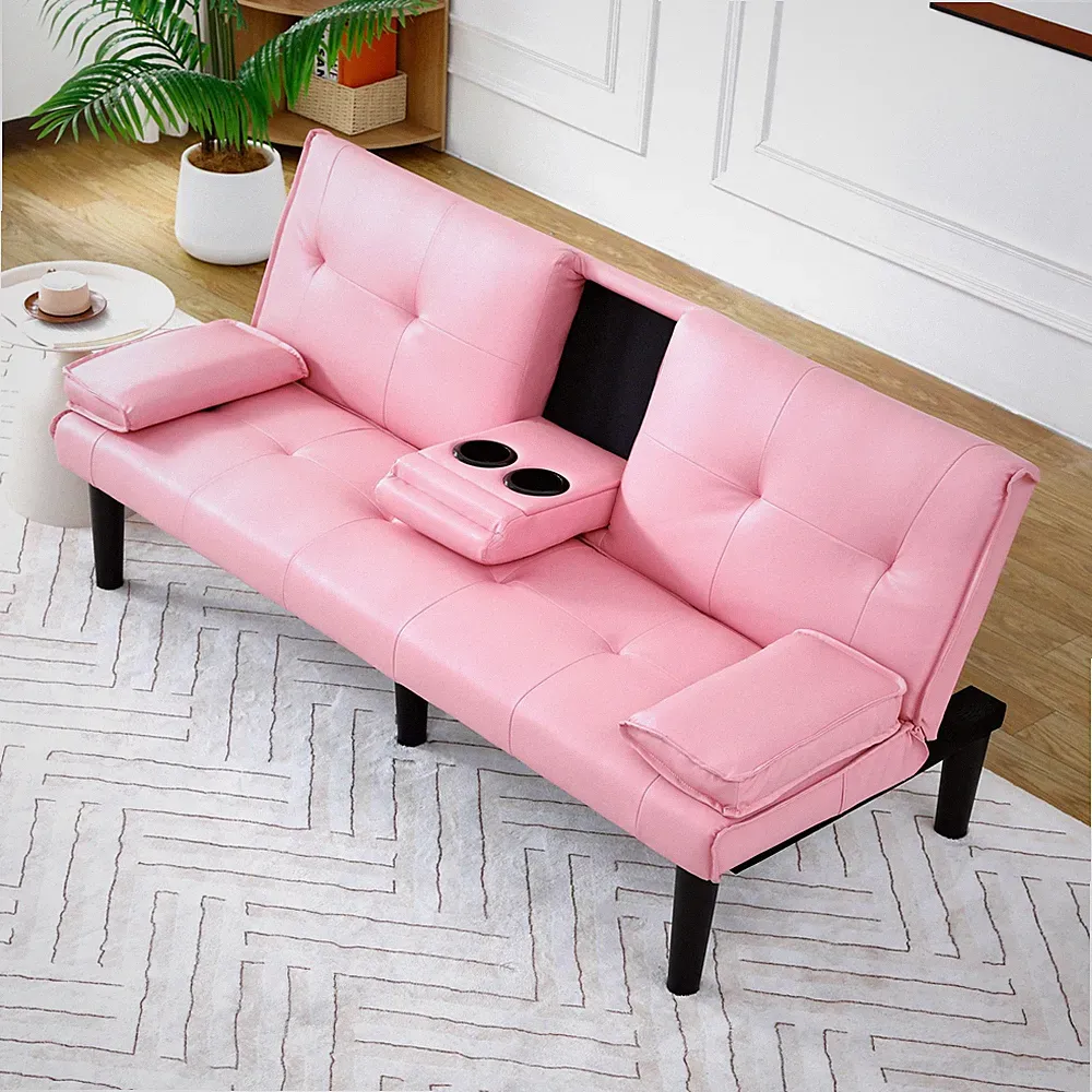 67" Sofa Bed Modern PVC Folding Soft Couch Bed Convertible 2 Cup Holder Pink New