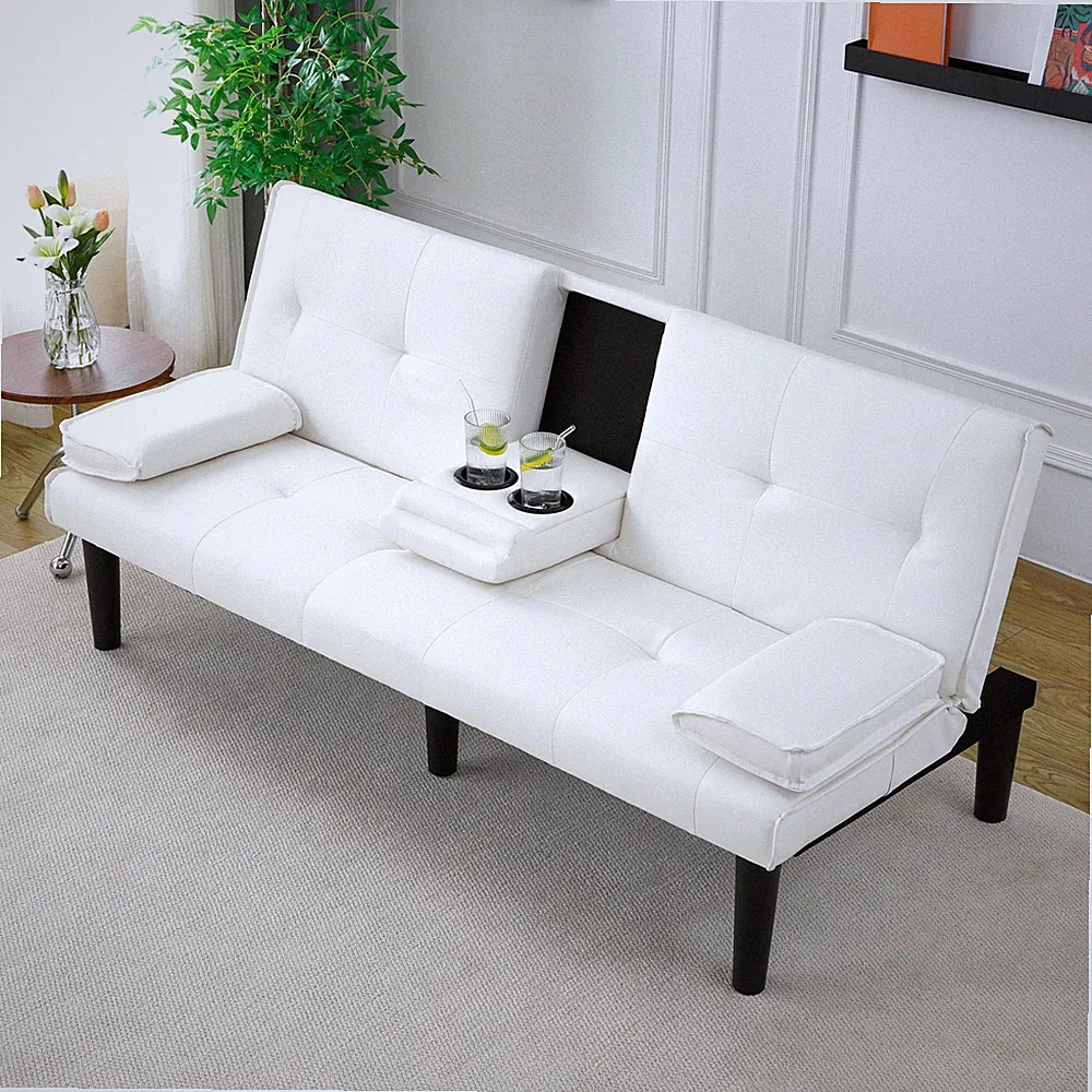 67" Sofa Bed Modern PVC Folding Soft Couch Bed Convertible 2 Cup Holder White