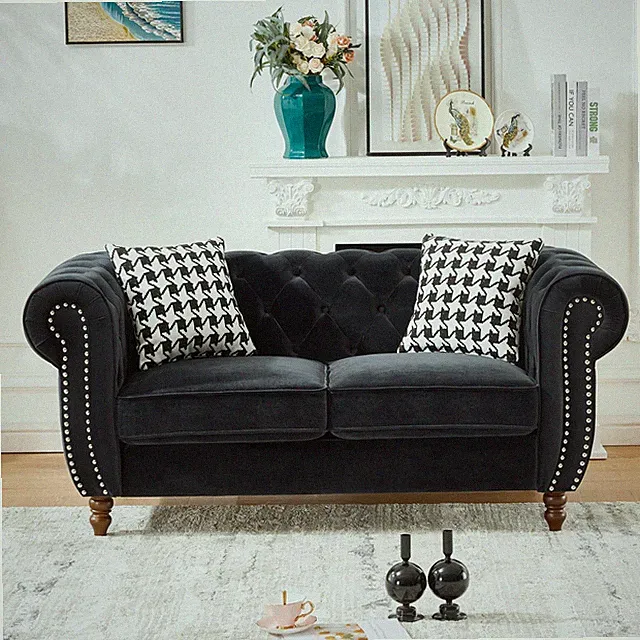 67" Velvet Chesterfield Sofa with Rolled Arms & Nailhead Trim, Black