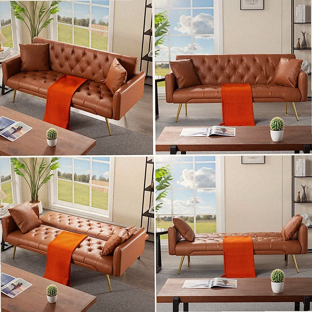 68.3" PU Leather Tufted Futon Sofa Bed Twin Sleeper 5 Position Gold Metal Legs