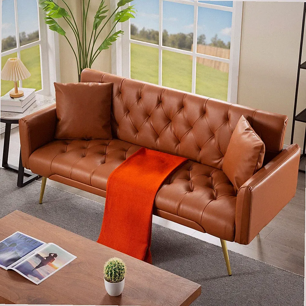 68.3" Tufted Futon Sofa Bed Twin Sleeper 5 Position PU Leather Gold Metal Legs
