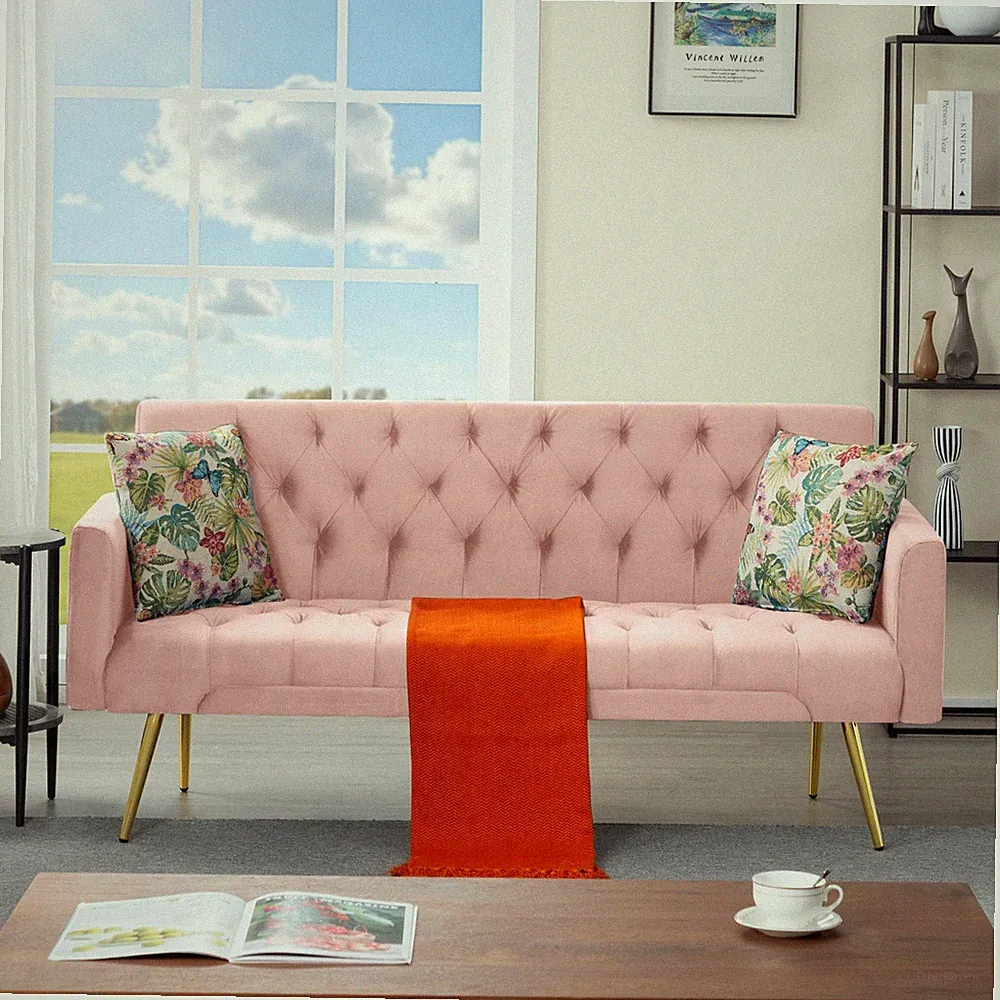 68.3" Pink Tufted Futon Sofa Bed Twin Sleeper 5 Position Velvet Gold Metal Legs