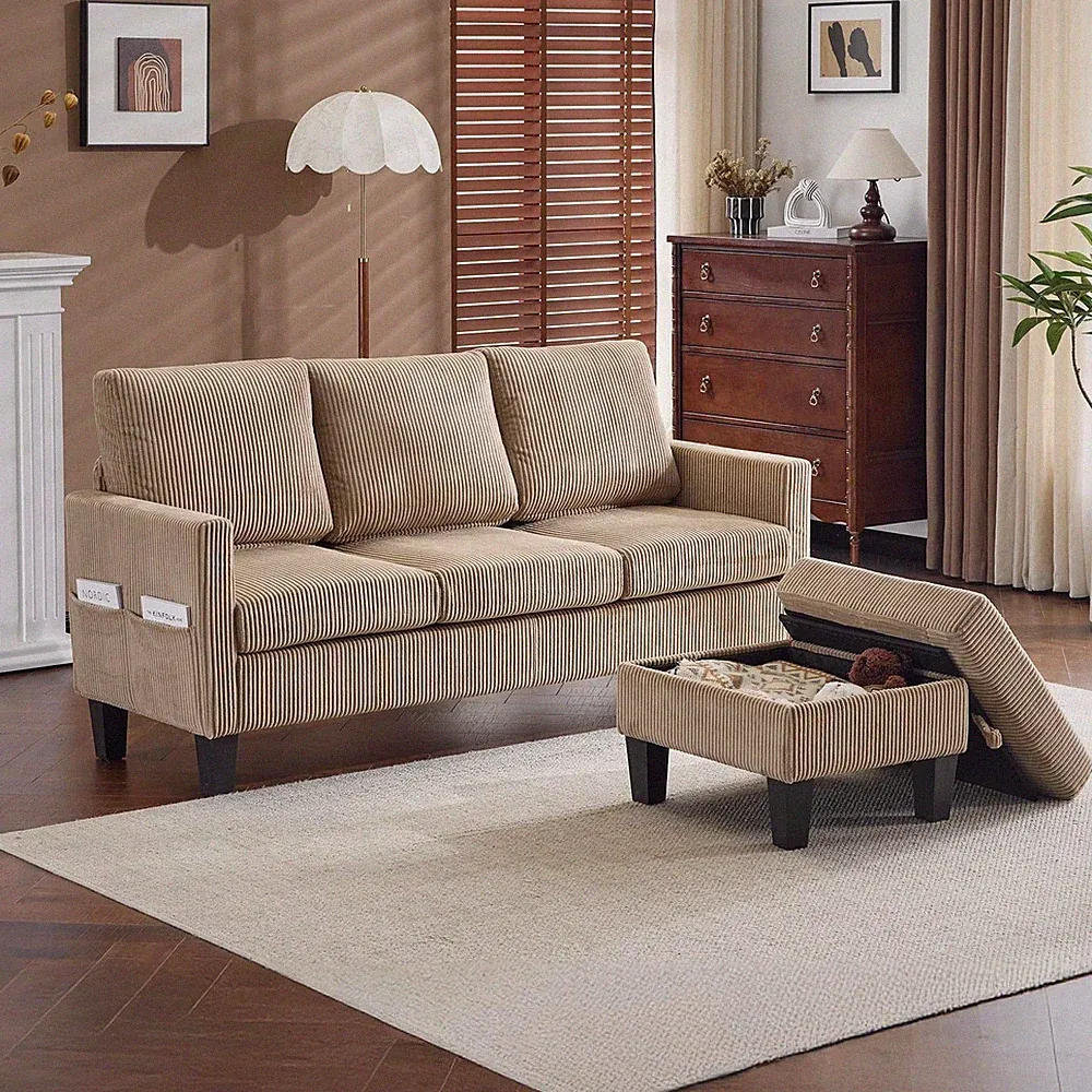 beige sectional with ottoman