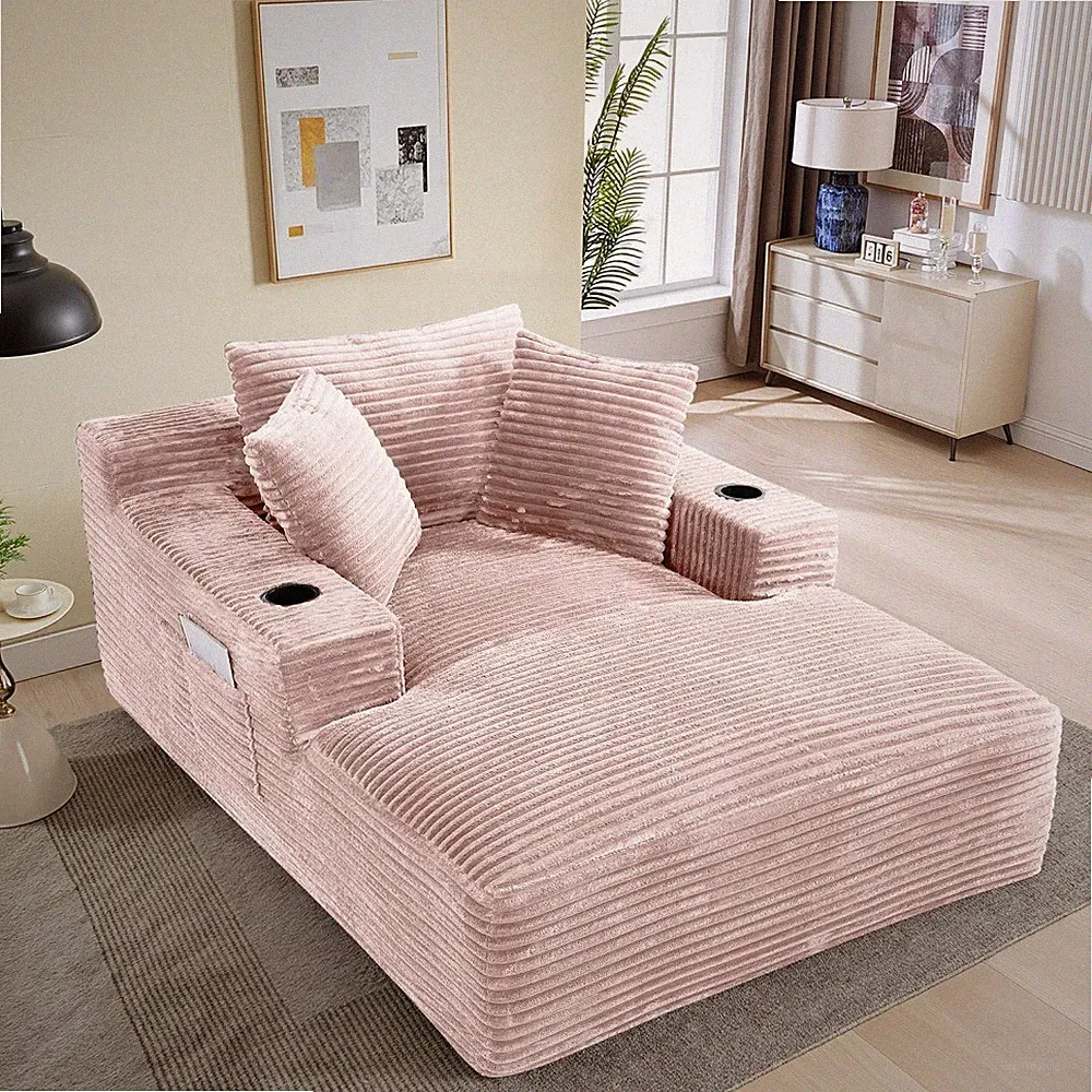 68.5" Oversized Corduroy Chaise Lounge Sofa Bed with Cup Holders & Side Pockets