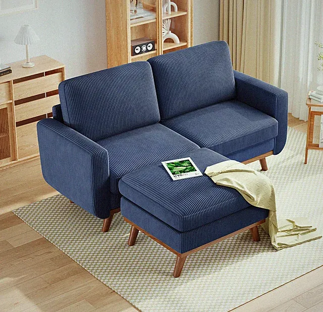68" Dark Blue Corduroy Loveseat Sofa Ottoman Spring Cushion Solid Wood Deep Seat