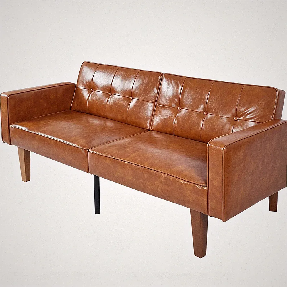 68" Foldable Faux Leather Sofa Bed 3 Position Adjustable Solid Wood Frame Couch