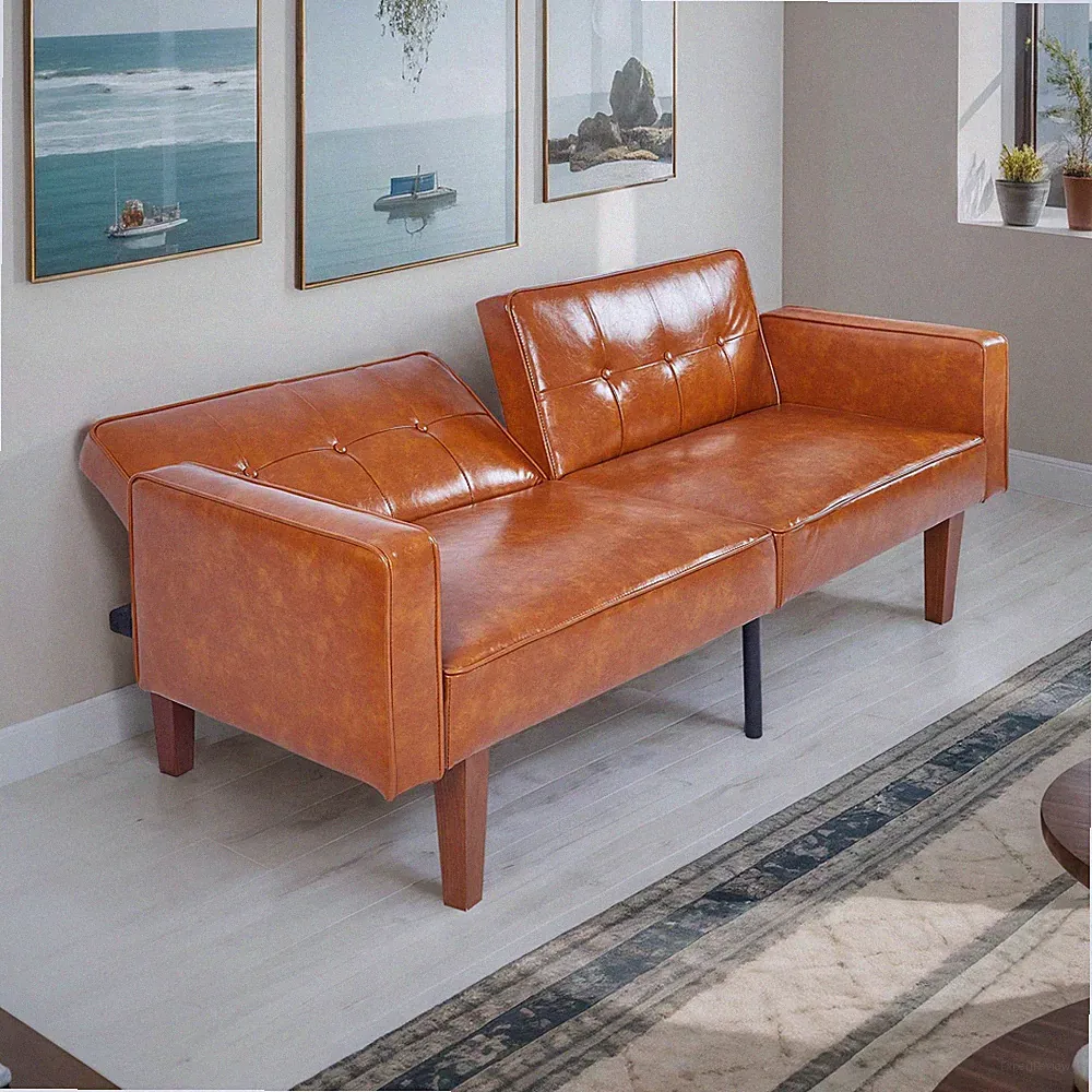 68" Foldable Faux Leather Sofa Bed 3 Position Adjustable Space Saving Solid Wood