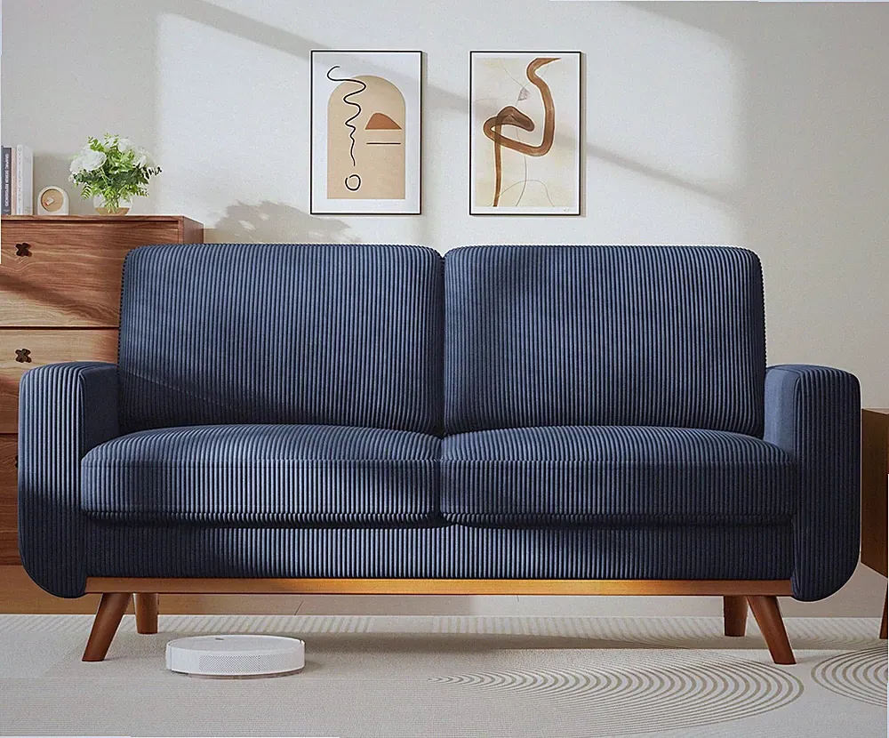 68 Loveseat Sofa Dark Blue Corduroy Couch Spring Cushion Solid Wood Deep Seat