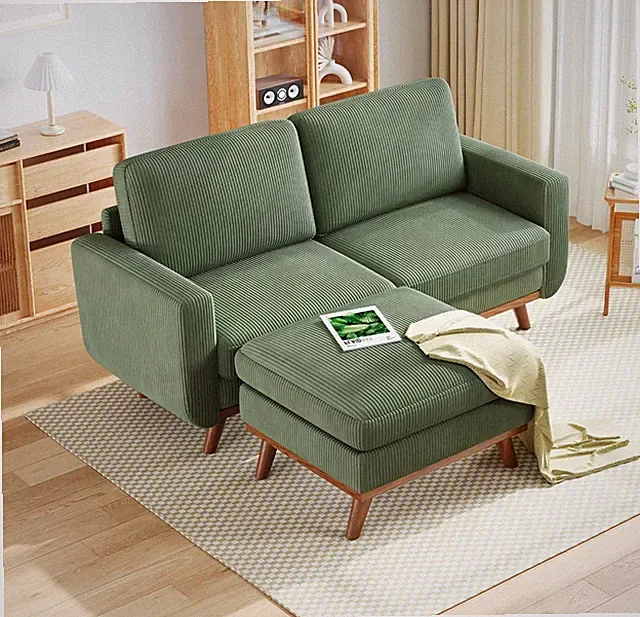 68" Loveseat Sofa Ottoman Corduroy Spring Solid Wood Deep Seat Green Living Room