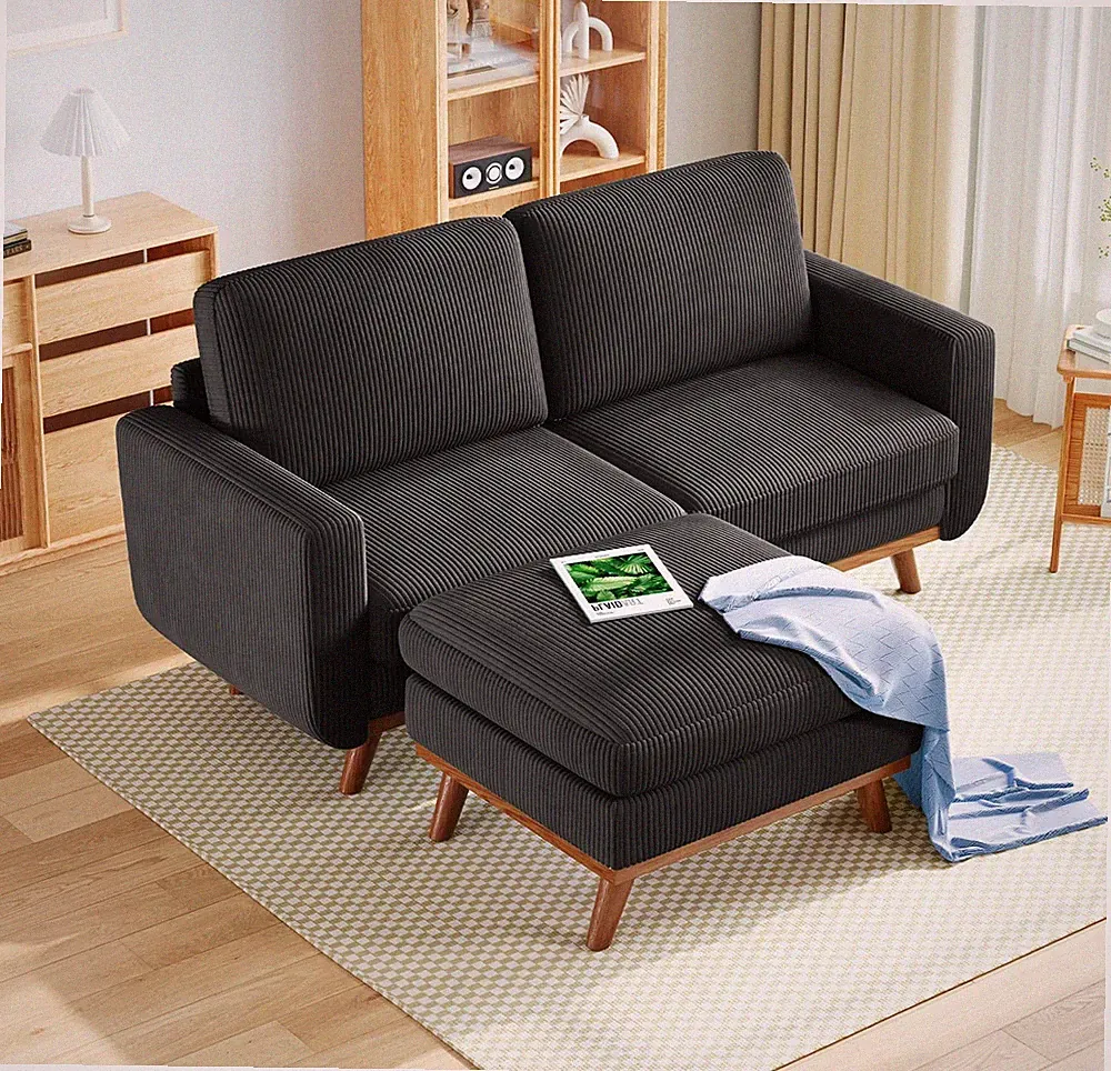 68" Loveseat Sofa with Ottoman Spring Cushion Corduroy Couch Solid Wood Black