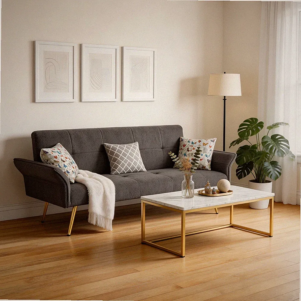 68" Modern Contemporary Fabric Futon Sofa Bed Gold Adjustable Backrest Tufted