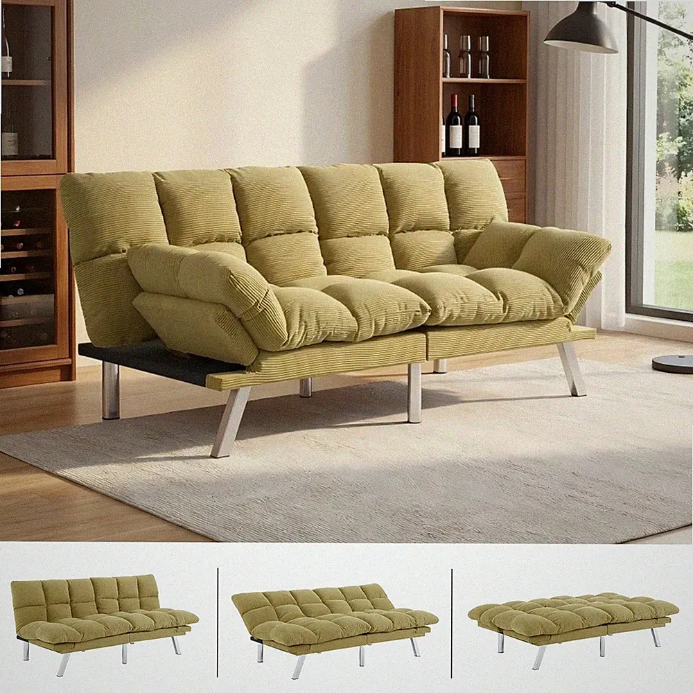 68" Modern Corduroy Futon Sofa Bed Yellow 3-in-1 Split-Back Loveseat