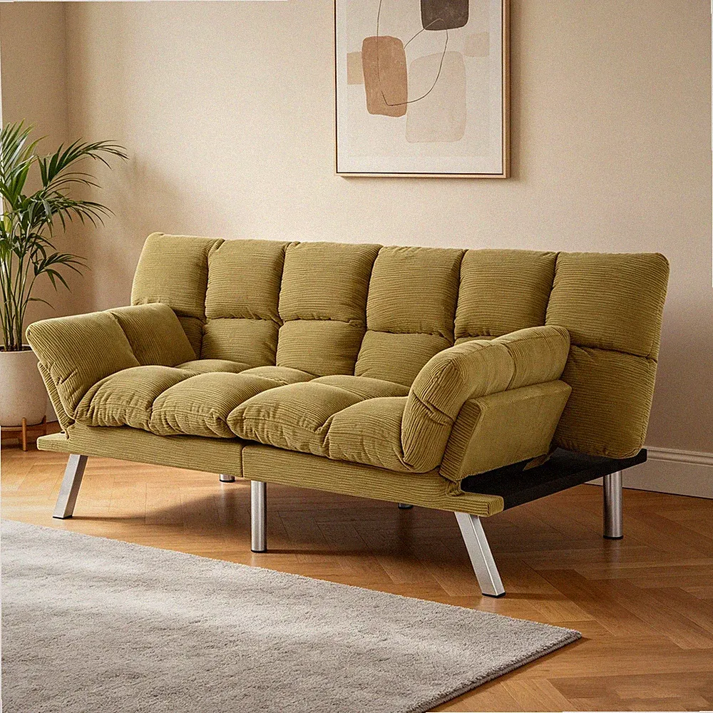 68" Modern Corduroy Futon Sofa Bed Yellow Adjustable Backrest Folding Couch