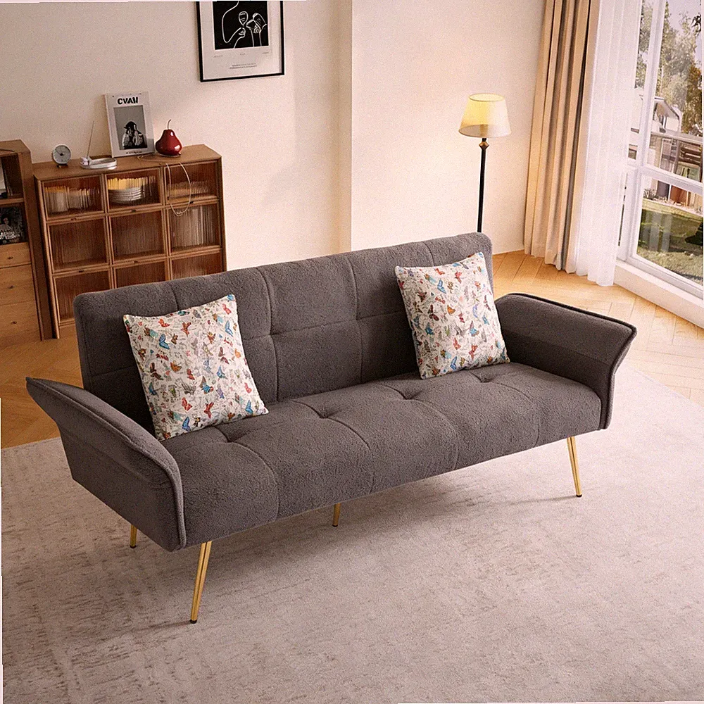 68" Modern Minimalist Futon Sofa Bed Teddy Folding Reclining Living Room