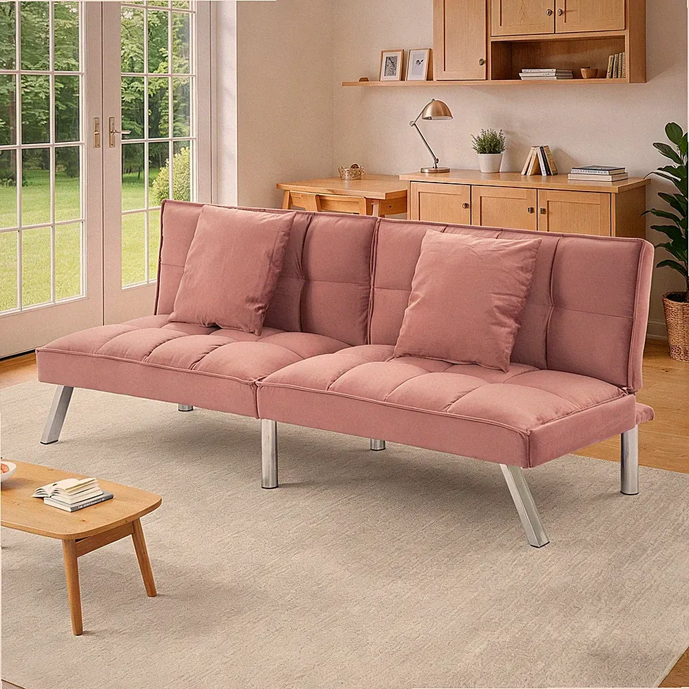 68" Modern Velvet Futon Sofa Bed Pink Convertible Tufted Split-Back Sleeper