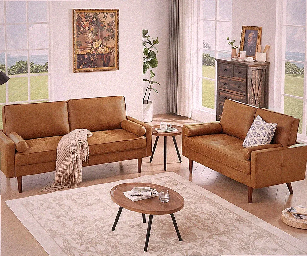 68'' Sectional Couches Set for Living Room, Mid Century Modern Faux Leather