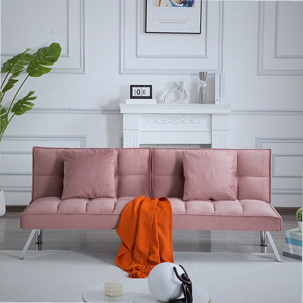 68" Velvet Futon Sofa Bed Twin Sleeper Split Back 5 Position Tufted Wood Frame