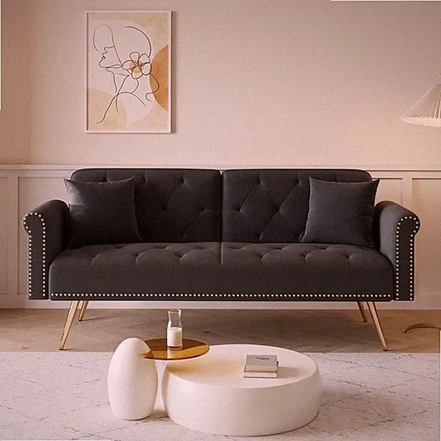 69.7" Convertible Sofa Bed with Two Throw Pillows, Featuring Nail Head Trim
