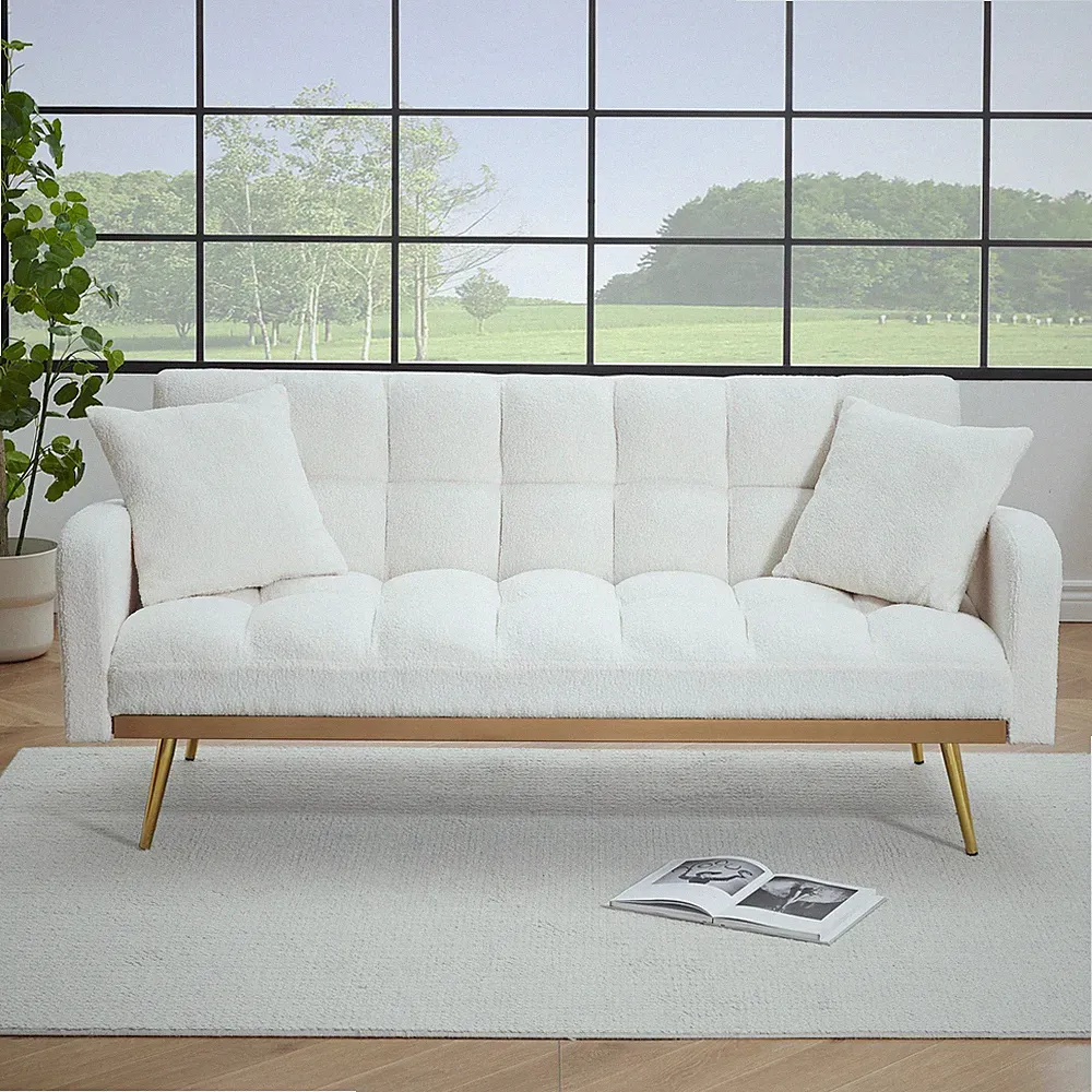 69 Inch Sofa Bed Beige with Adjustable Teddy Sofa for Small Space Living Room an