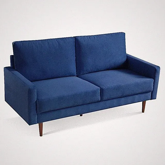 69 Inch Wide Upholstered Two Cushion Sofa with Square Arms in Blue Velvet