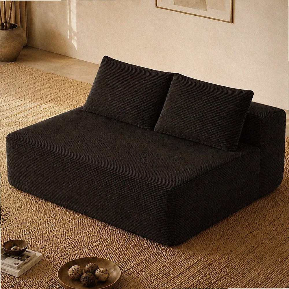 69" L-Shape Cloud Sectional Couch, 2 Seater, Black Corduroy Fabric