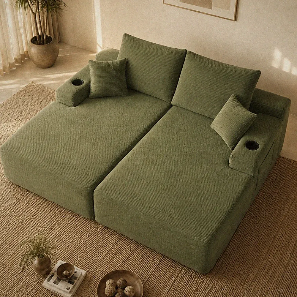 69" L-Shape Cloud Sectional Couch with Double Chaise, Green Corduroy