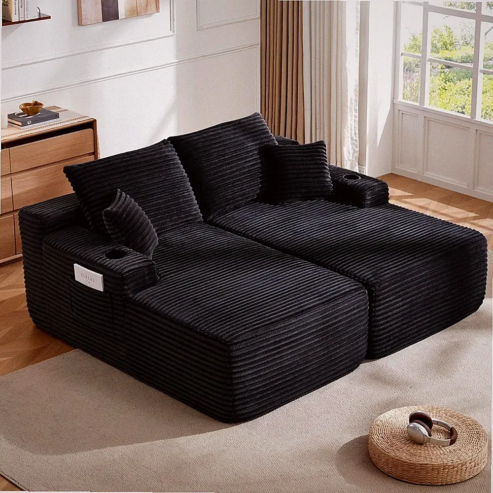 69" L-Shape Cloud Sectional Sofa, Double Chaise, Plush Fabric, Black