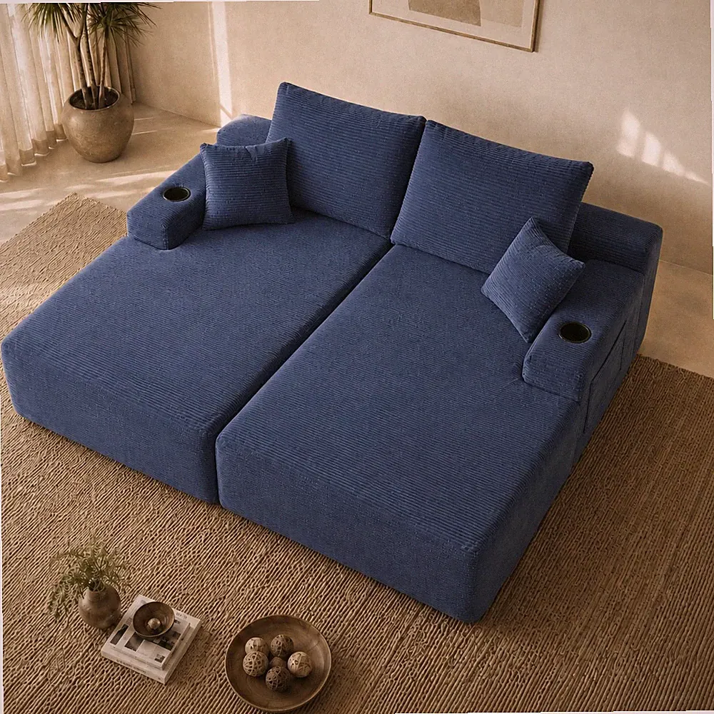 69" L-Shape Sectional Sofa with Double Chaise, Blue Corduroy Fabric