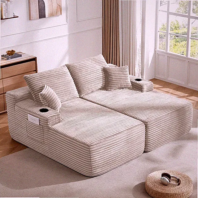 69" L-Shape Sectional Sofa with Double Chaise, Plush Fabric, Beige