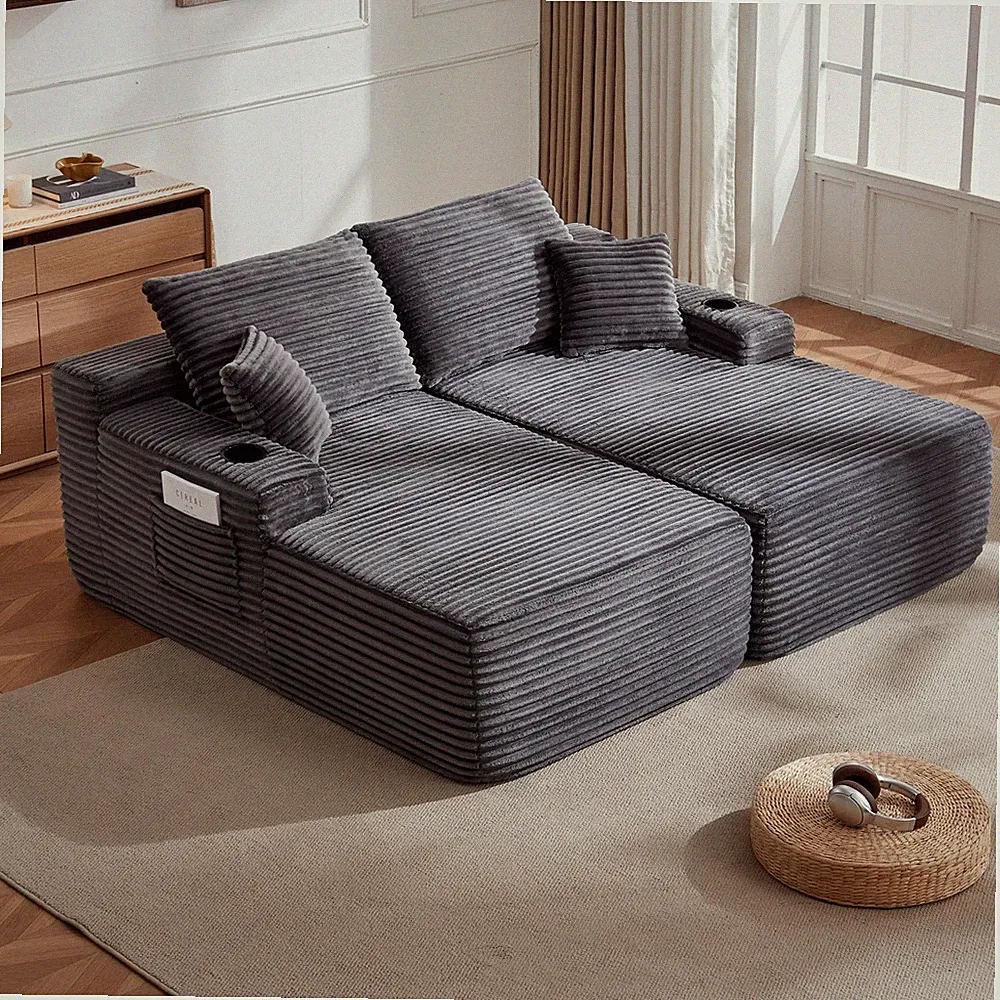 69" L-Shape Sectional Sofa with Double Chaise, Plush Fabric, Grey