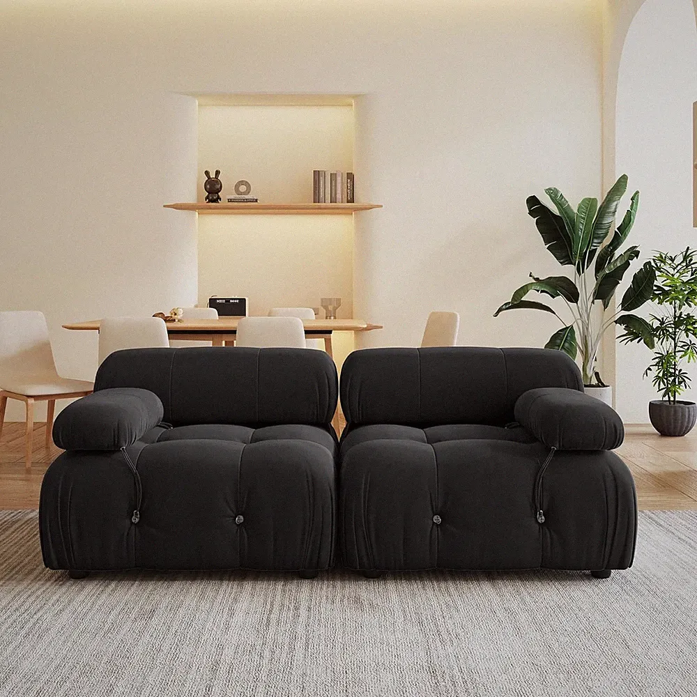 69'' Modular Sectional Sofa, Modern Luxury Black Velvet Loveseat Sofa, Minimalis