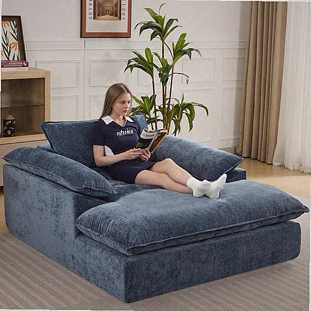 69" Oversized Chaise Lounge Chair No Assembly Blue Chenille Ottoman & Pockets