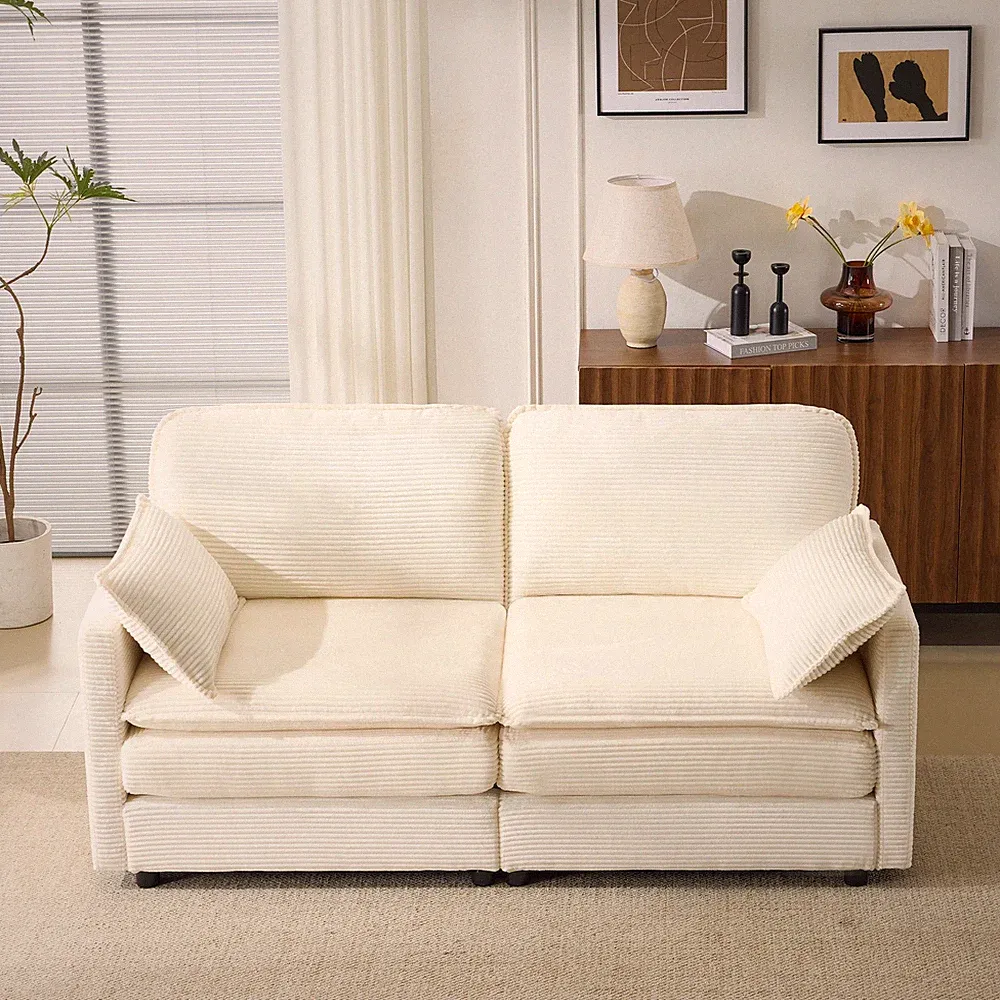 69" PLUSH CLOUD LOVESEAT: Modular 2-Seater Sectional Sofa w/22" Beige Chenille C
