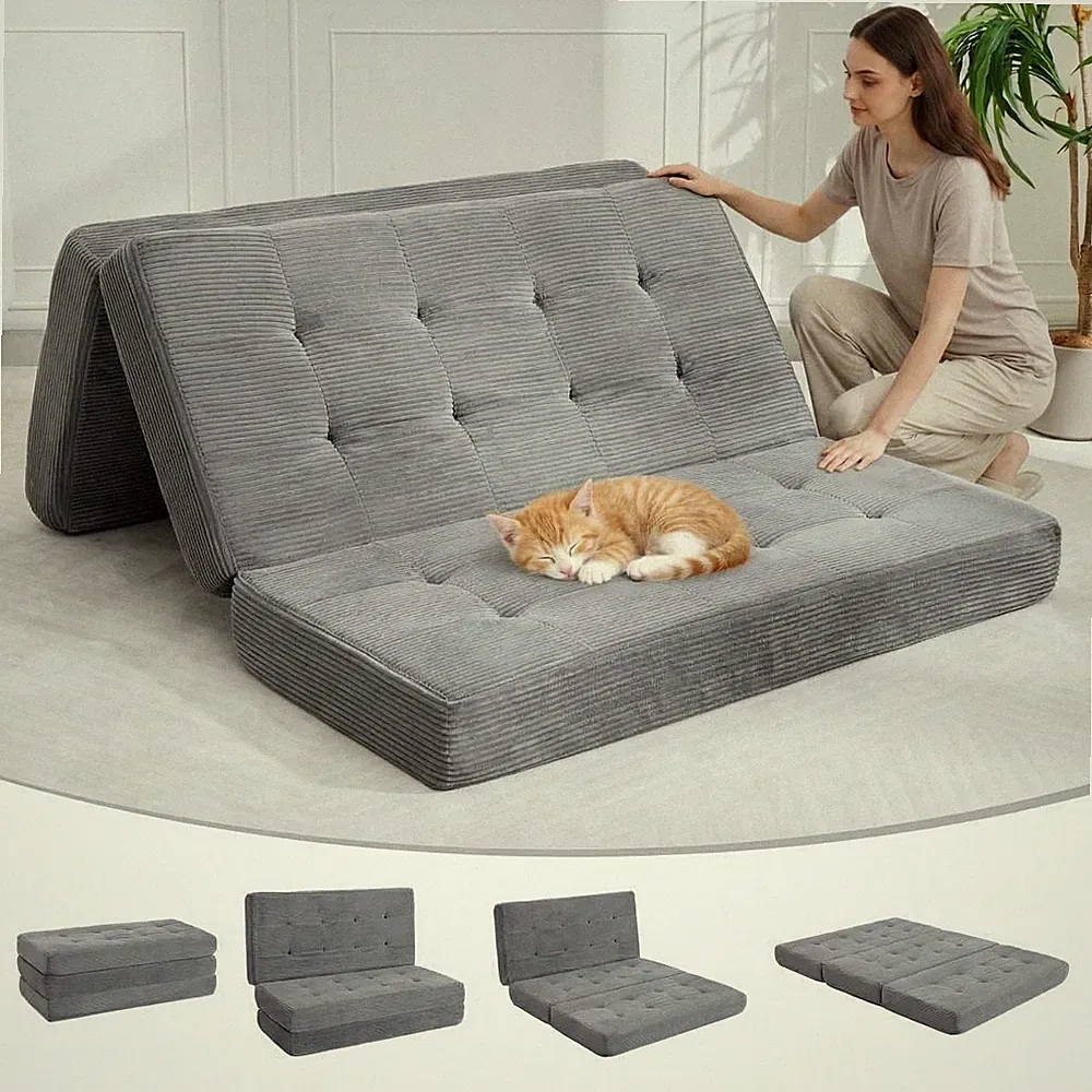 6Inch Tri Fold Mattress 75x54.3 Inch Corduroy Sofa Bed Floor Guest Portable Bed