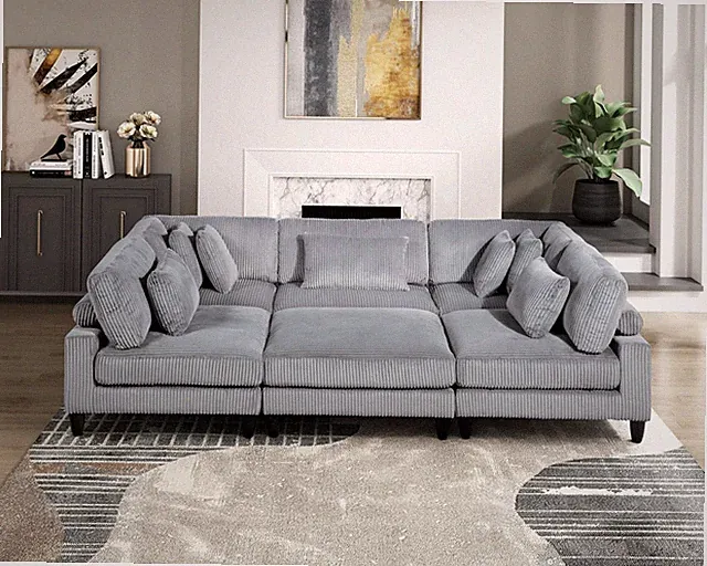 6pc Gray Corduroy Modular Sectional Sofa Set Ottoman